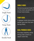 Diagram showing single hook, pump hook, and dual pronged hook types for Heavy Duty Handy Hook 30 Inch With Three Eighths Inch Round Pump End.