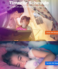 Mother and daughter reading at night with smart ceiling light ambience; child sleeping under dynamic smart light schedule