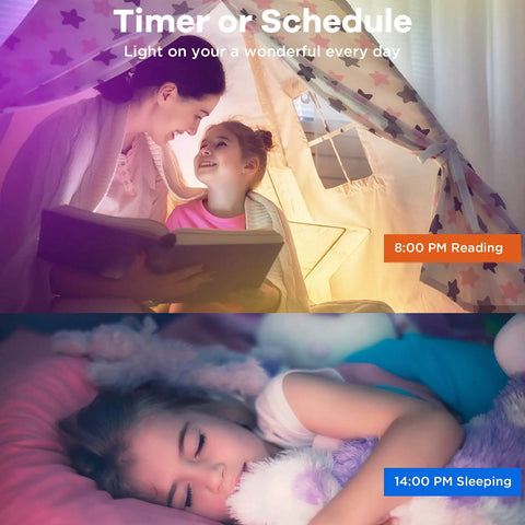 Mother and daughter reading at night with smart ceiling light ambience; child sleeping under dynamic smart light schedule