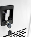 Secure lock system detail on Top Tier Mobile Charging Station Holding Sixteen Devices, steel body with key.