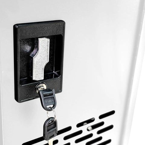 Secure lock system detail on Top Tier Mobile Charging Station Holding Sixteen Devices, steel body with key.