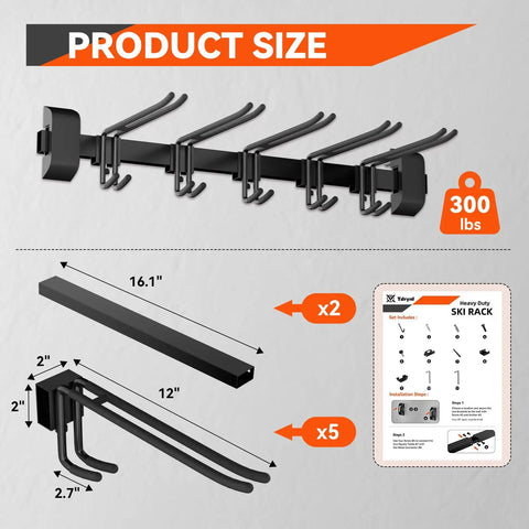 Premium Heavy Duty Ski And Snowboard Wall Rack For Garage Features Hella Adjustable Hooks and Rock Solid Steel Brackets for securely holding all your ride equipment, showing product dimensions.