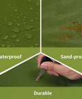 Pocket Sized Picnic Blanket Waterproof And Sandproof Beach Mat For Festivals Hiking Travel And Outdoor Adventures In Army Green 28 By 47 Inches Folds Down To A Tiny 3 By 4 Inches And Easily Fits In Your Pack with waterproof, sandproof, and durable features.