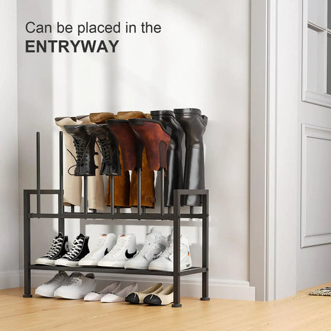 Free Standing Boot Rack With Upside Down Design, Heavy Duty Black Metal Shoe Organizer For Knee High Boots And Sneakers, Real Deal Storage Solution That Stashes Your Kicks Without Stepping On Your Toes