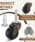 Ten Pack Vintage Brass Stem Caster Wheels With 1-5/8 Inch Rubber Wheels, 1.4 Inch Stem And 0.75 Inch Socket Diameter, product details view