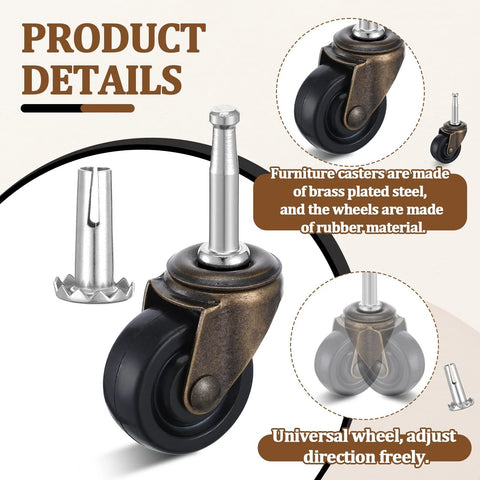 Ten Pack Vintage Brass Stem Caster Wheels With 1-5/8 Inch Rubber Wheels, 1.4 Inch Stem And 0.75 Inch Socket Diameter, product details view