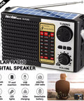 Front view of Solar Portable FM AM SW Radio Bluetooth Speaker MP3 Player With Rechargeable Battery LED Flashlight Dual Speakers