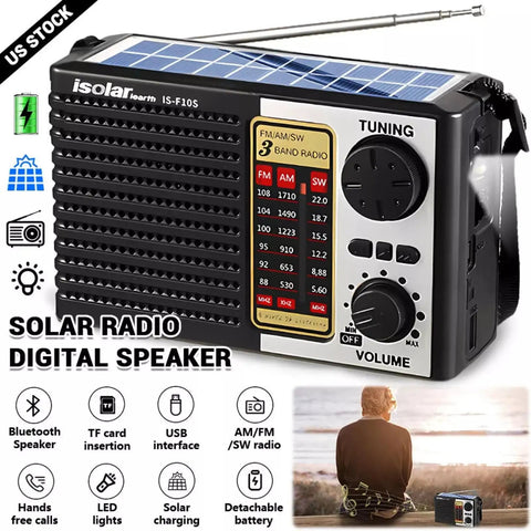 Front view of Solar Portable FM AM SW Radio Bluetooth Speaker MP3 Player With Rechargeable Battery LED Flashlight Dual Speakers