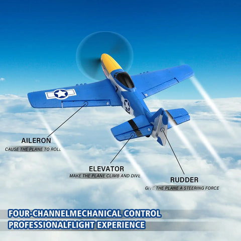 P51D Mustang RC Plane 4 Channel Fighter With 6 Axis Gyro Stabilization flying in sky showing control functions