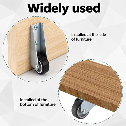 Two Pack Heavy Duty Gate Wheels That Slide Smooth As Butter Using A Door Bottom Pulley Mechanism With Robust Directional Casters For Hassle Free Wooden Gate Adjustments Trusted Diy Fix, shown installed on furniture.