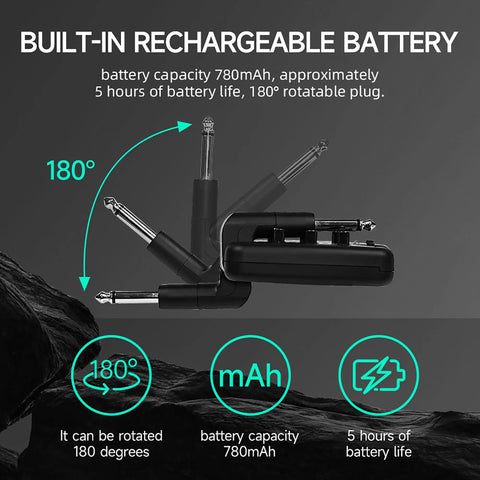 Guitar Headphone Amp With 9 Simulation Tones USB Rechargeable Pocket Effects Unit showcasing 180-degree rotatable plug and battery details