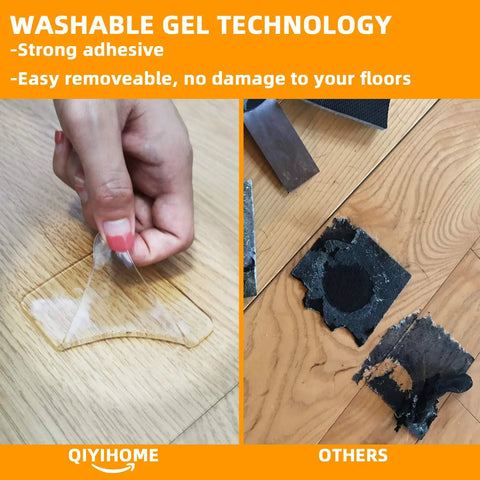 Non Slip Furniture Pads For Hardwood Floors Or Rugs, Heavy Duty Grip Leg Protectors shown on wooden floor with clear gel pad application