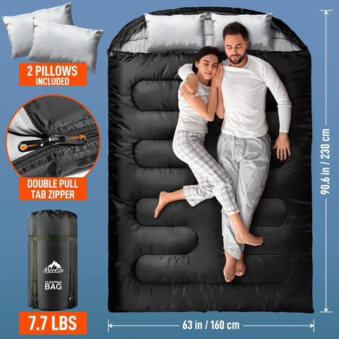 Two Person Sleeping Bag With Pillows, XL Queen Size All Season Double Sleeping Bag For Camping, Warm Black with wraparound zippers