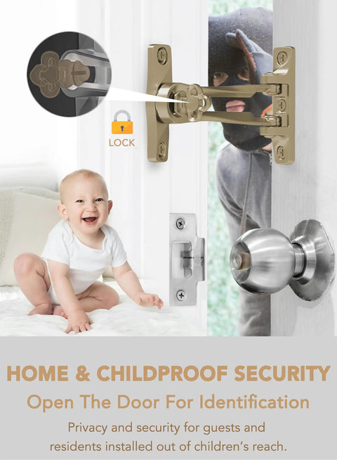 Door Guard Swing Bar Lock For Outward Opening Doors, Heavy Duty Security Latch installed on white door, matte gold finish, kid safe