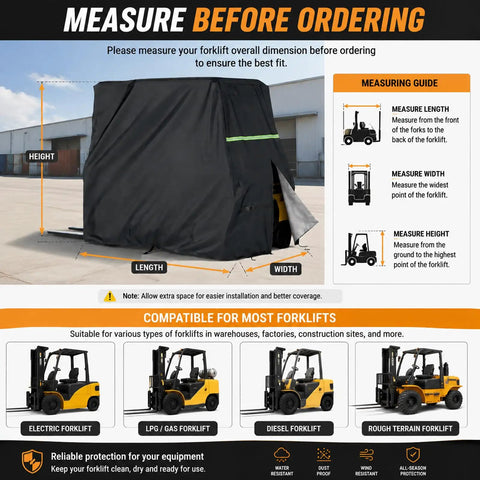 Heavy Duty Forklift Cover For Toyota 48V Electric Pneumatic Models 8FBM20T shown with measuring guide for ideal fit.
