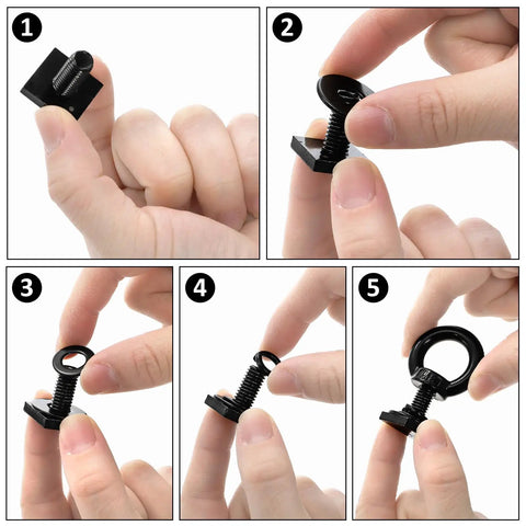Five-step installation of Heavy Duty Eight Pack M8 T Slot Track Tie Down Anchors Black Coated Stainless Steel Eye Bolts.
