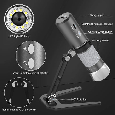4K Wireless Digital Microscope With WiFi Camera, Hands Free Metal Stand, Live View Zoom In, High Detail Magnifier For iPhone Android And PC, All In One Tool For DIY Projects, Jewelry, Electronics, Education And Lab Work, with LED lens and controls