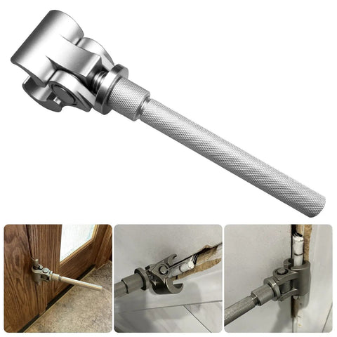 No Drill No Mess Adjustable Hinge Fixer For Door Gap Reduction Quick Door Alignment In Seconds Fits Wood And Metal Doors And Cabinets Heavy Duty Metal Forged Tool For Easy Entry And Bedroom Door Setup shown in use on wood and metal doors.