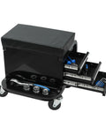 Heavy Duty Rolling Tool Box With Three Built In Drawers Paired With Comfy Mechanic Stool Rock Solid Steel Frame Slick Ball Bearing Rollers showing open drawers and tools