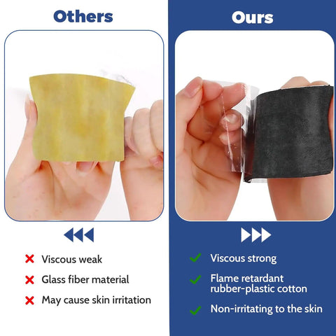 Comparison of pipe insulation: other brands with yellow material and ours with black rubber-plastic cotton for 2 Inch Wide Pipe Insulation Wrap Roll 33 Feet Self Adhesive Foam Tube For Outdoor Water Pipes And AC Lines Winter Freeze Protection Heat Retention No Fuss Easy Install Durable Outdoor Plumbing Shield.