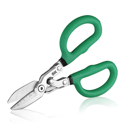 8 Inch Compound Action Tin Snips With Forged Blade For Heavy Duty Metal Cutting Tough Sheet Metal Shears With Ergonomic Handle Comfortable Grip High Carbon Steel Construction, front view