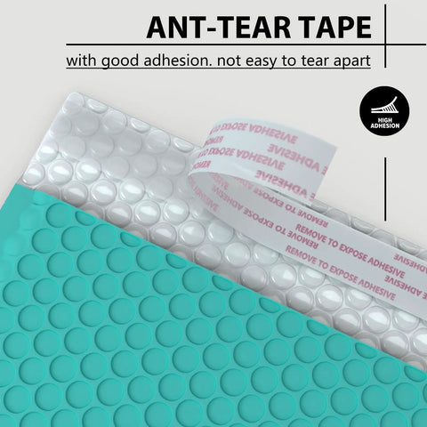 Close-up of teal bubble mailer showing interior cushioning and strong self seal adhesive tape for 6x9 Inch Bubble Mailer 50 Pack.