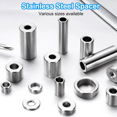 Top Shelf 5 Pack Heavy Duty 304 Stainless Steel Spacers various sizes visible for bolting, 5/8 inch ID, 7/8 inch OD.