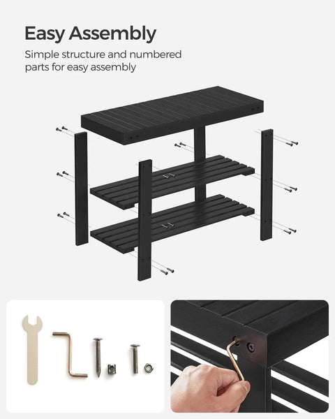 Assembly of Sturdy Bamboo Shoe Bench With 3 Tier Storage For Entryway Or Bedroom Holds Up To 286 Lb Ink Black