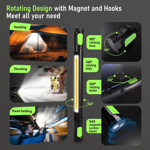 Rechargeable Magnetic 3200LM LED Work Light showing usage and rotating design with COB Panel and hooks