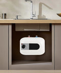 Slick Electric Mini-Tank Water Heater with Totally Sick Instant Hot Water on Tap installed under a sink in a kitchen.