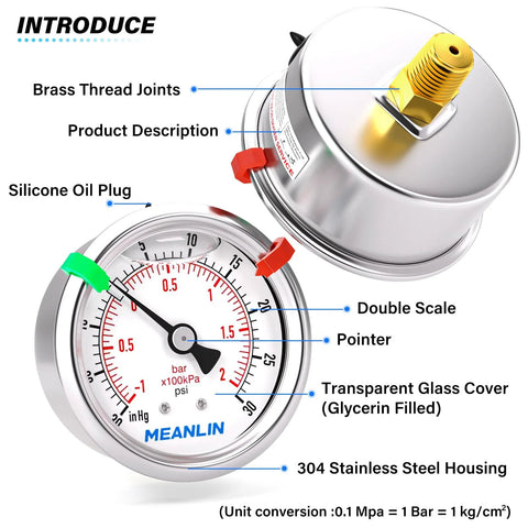 Front view of MEANLIN 2.5-inch stainless steel liquid-filled pressure gauge with 1/8" NPT connection