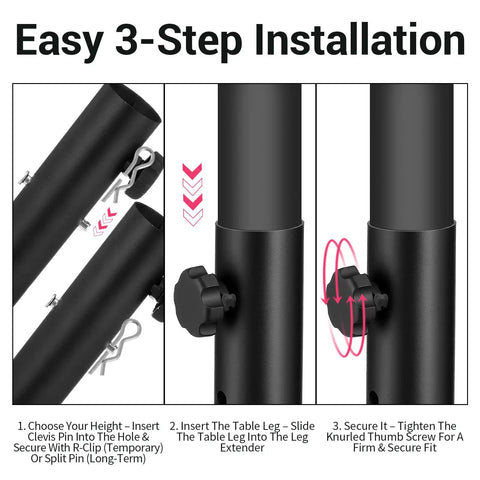 Easy 3-step installation of Heavy Duty 4 Pack Folding Table Leg Extenders With Three Level Adjustable Risers for height upgrades.