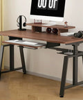 Level Up Your Home Office Game With This Rock Solid 55 Inch Manual Standing Desk with a wood surface and pull out keyboard tray.