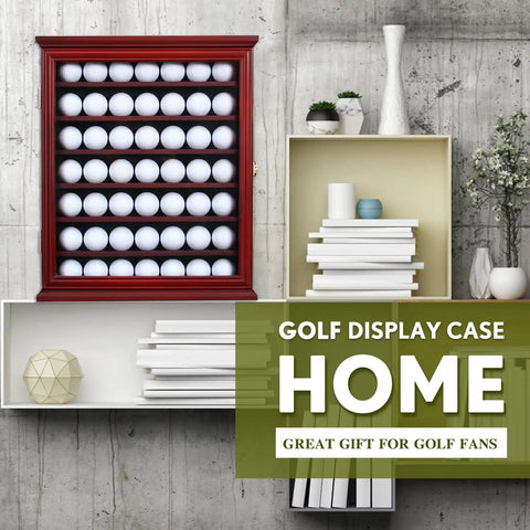 7 Shelf Golf Ball Display Case With Solid Pine Wood And Lockable Glass Door UV Protected To Prevent Fading Holds Up To 49 Golf Balls Perfect For Organizing And Show Off Your Golf Memorabilia And Collectibles on wall shelf.
