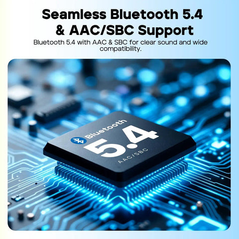 Close-up of Bluetooth 5.4 chipset with AAC/SBC support for StormBox Mini Plus Portable Bluetooth Speaker, showing circuitry background