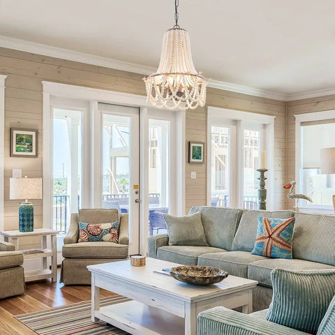Living room with Wood Beaded Chandelier 3 Light Boho Farmhouse Pendant Light Fixture With White Beads And Black Chain