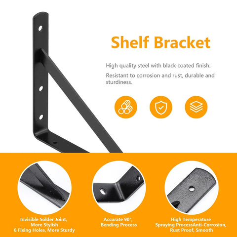 Heavy Duty Shelf Brackets 12 x 8 Inch Black Metal L Angle Brackets With Screws 10 Pack, showcasing steel construction and black coating