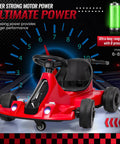 Electric Go Kart Drift Ride On Toy For Kids And Adults, 24V 7Ah Battery, red go-kart with black seat and steering wheel.