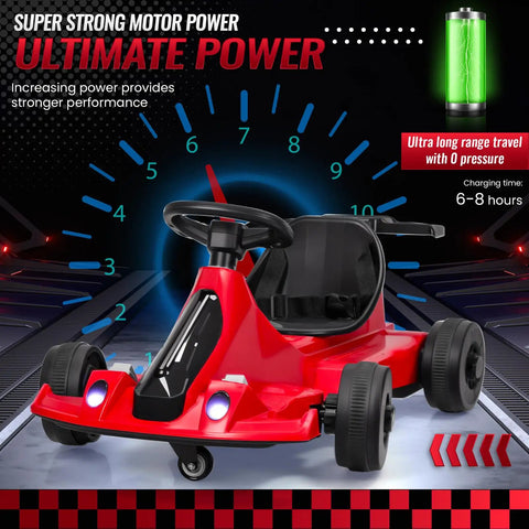 Electric Go Kart Drift Ride On Toy For Kids And Adults, 24V 7Ah Battery, red go-kart with black seat and steering wheel.