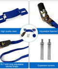 2 Pack Propane Tank Holder And Wall Mount Bracket With Secure Ratchet Strap Design Beefy Steel Wall Mount For Oxygen Nitrogen And Expansion Gas Cylinders Keeps Tanks Safe And Neatly Secured In Small Spaces Blue showing blue steel bracket, adjustable ratchet strap, and expansion screws.