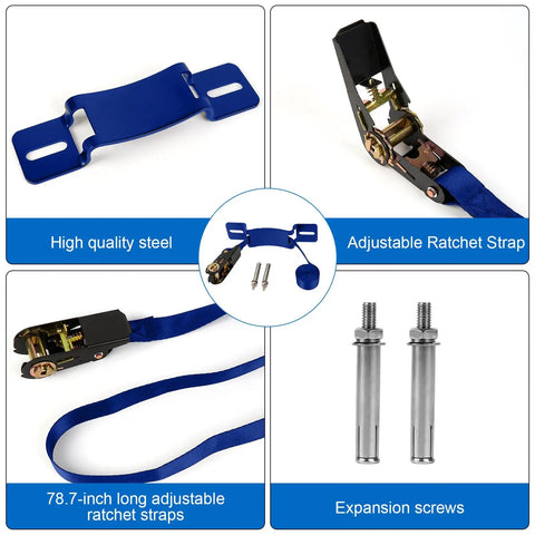2 Pack Propane Tank Holder And Wall Mount Bracket With Secure Ratchet Strap Design Beefy Steel Wall Mount For Oxygen Nitrogen And Expansion Gas Cylinders Keeps Tanks Safe And Neatly Secured In Small Spaces Blue showing blue steel bracket, adjustable ratchet strap, and expansion screws.