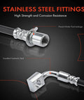 Close-up of stainless steel fittings on Front Side Brake Hydraulic Hoses for Chevy GMC Cadillac Trucks and SUVs Pack of 2 Fits Silverado 1500 Sierra 1500 Tahoe Yukon Suburban Avalanche Escalade and Escalade ESV.