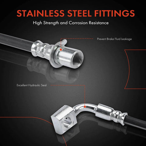Close-up of stainless steel fittings on Front Side Brake Hydraulic Hoses for Chevy GMC Cadillac Trucks and SUVs Pack of 2 Fits Silverado 1500 Sierra 1500 Tahoe Yukon Suburban Avalanche Escalade and Escalade ESV.