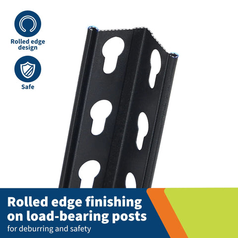 Close-up of rolled edge design on load-bearing posts of Heavy Duty Five Tier Metal Shelving Unit With Reinforced Steel Frame And Adjustable Thick Mdf Shelves Rock Solid Garage Storage Rack Industrial Warehouse Organizer Never Breaking A Sweat.