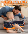 Child and adult with McLaren F1 Licensed 1/14 Remote Control Car box on couch, Formula One Collection Hobby Model, playful moment.