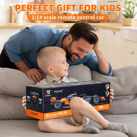 Child and adult with McLaren F1 Licensed 1/14 Remote Control Car box on couch, Formula One Collection Hobby Model, playful moment.