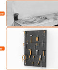 Before and after view of tools organized using Heavy Duty Metal Pegboard Panels Pack Of 3 For Wall Mount Garage Tool Storage Black Finish