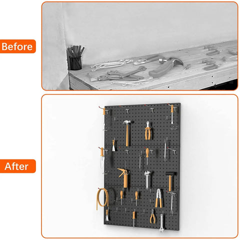 Before and after view of tools organized using Heavy Duty Metal Pegboard Panels Pack Of 3 For Wall Mount Garage Tool Storage Black Finish