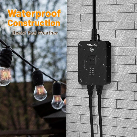 Heavy Duty Waterproof Outdoor Timer With Super Slick 100 Ft Remote And Dusk To Dawn Sensor Countdown on wall with lights.