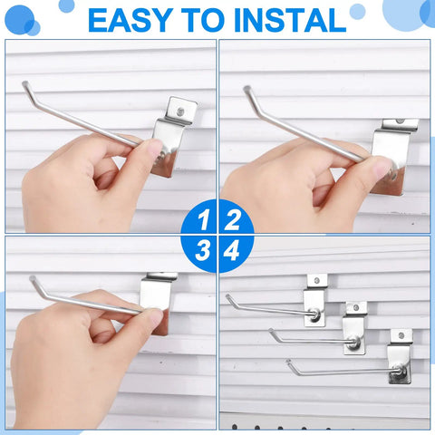 Hands installing 100 Pack Slatwall Hooks 6 And 8 Inch Silver Metal Pegs For Garage Shop Retail Display Heavy Duty Slatwall Hangers.